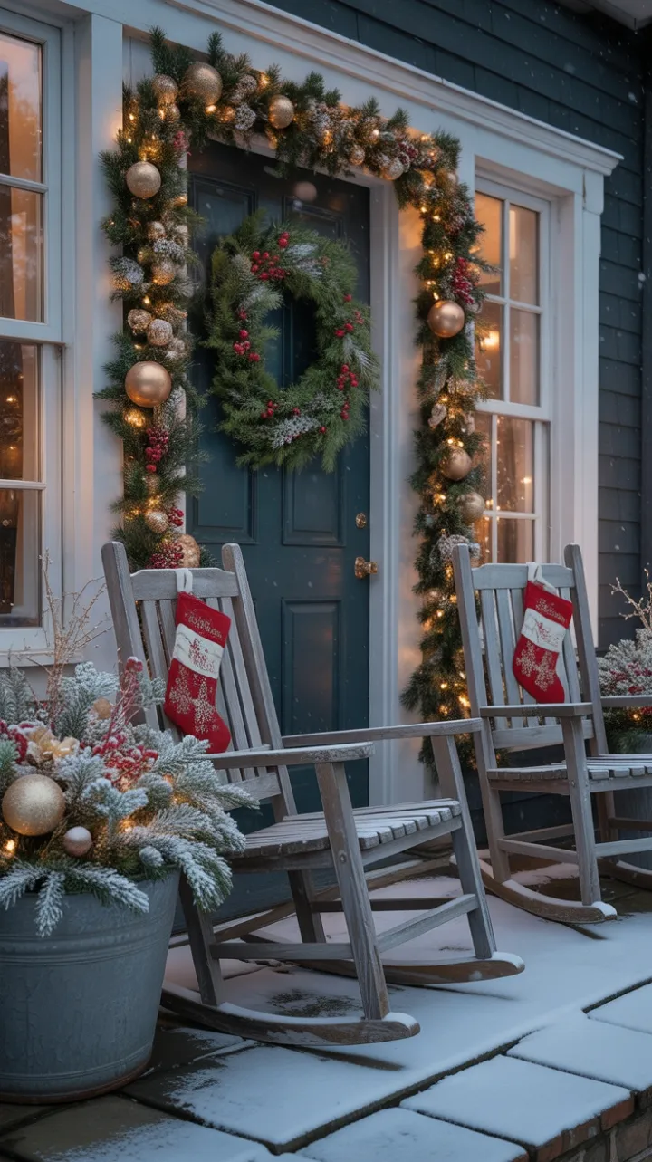 Snow-Kissed Front Porch Dressed in Warm Holiday Glow
