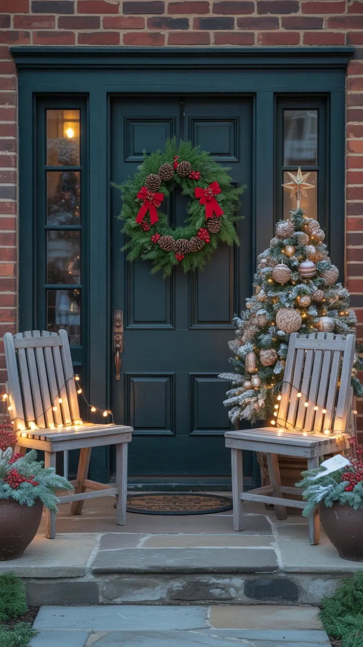 Dusk-Kissed Holiday Porch with Wreath, Lights, and Rustic Charm