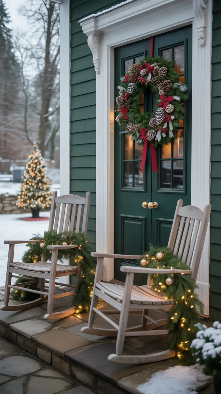 Cozy Snow-Dusted Porch Adorned with Garland and Twinkling Lights