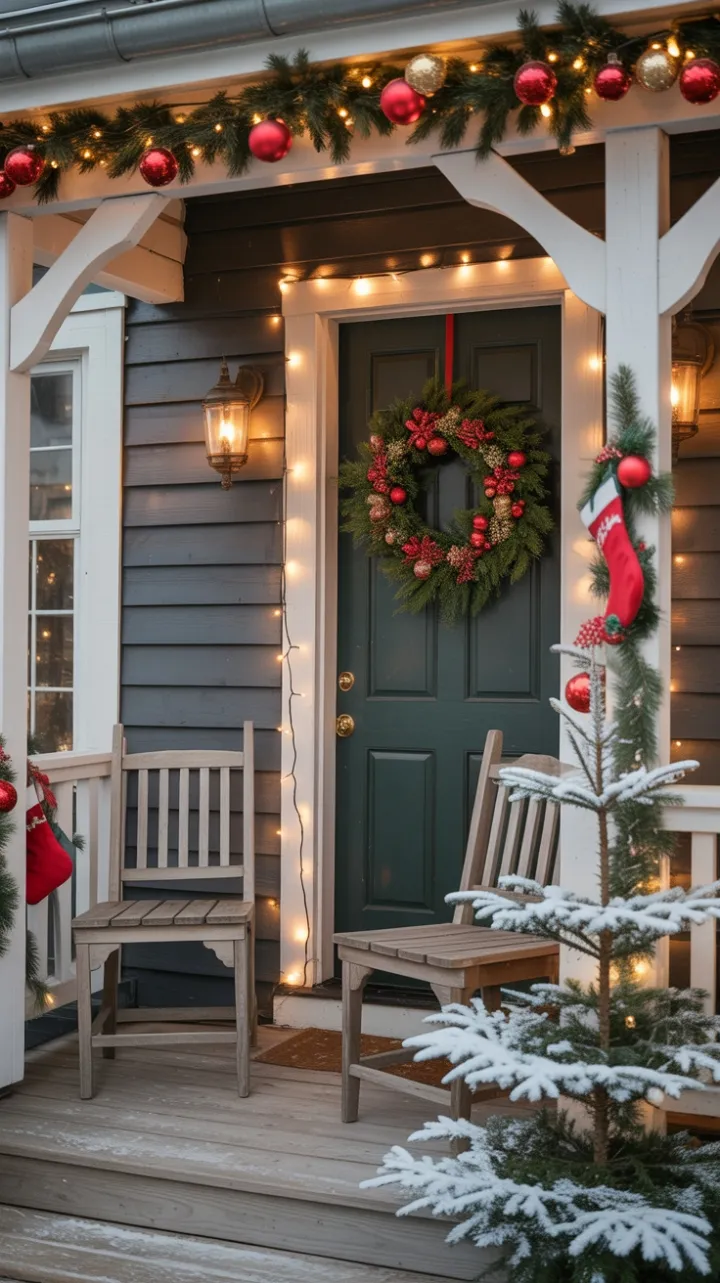 Snow-Dusted Rustic Porch with Twinkling Lights and Cozy Stockings