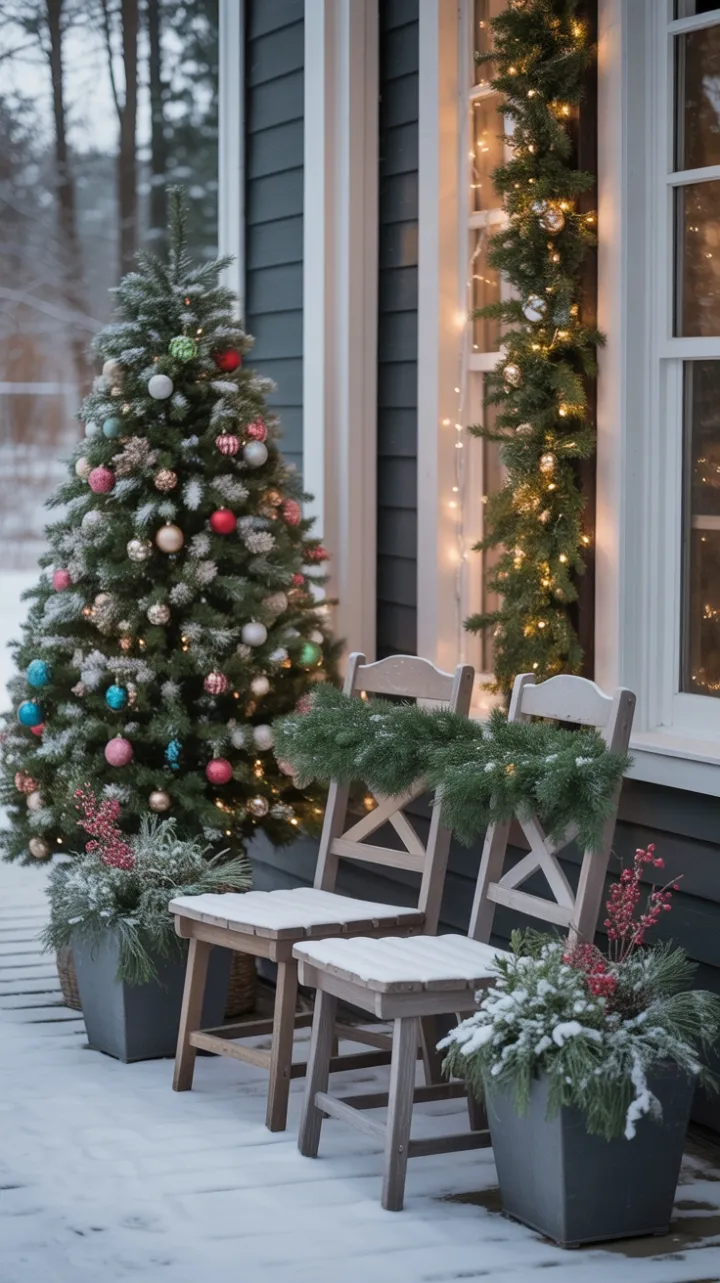 Snow-Kissed Porch with a Cozy Christmas Glow