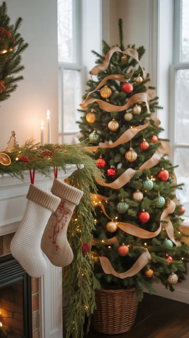Handcrafted Holiday Hearth with Vintage Ornaments and Beeswax Glow