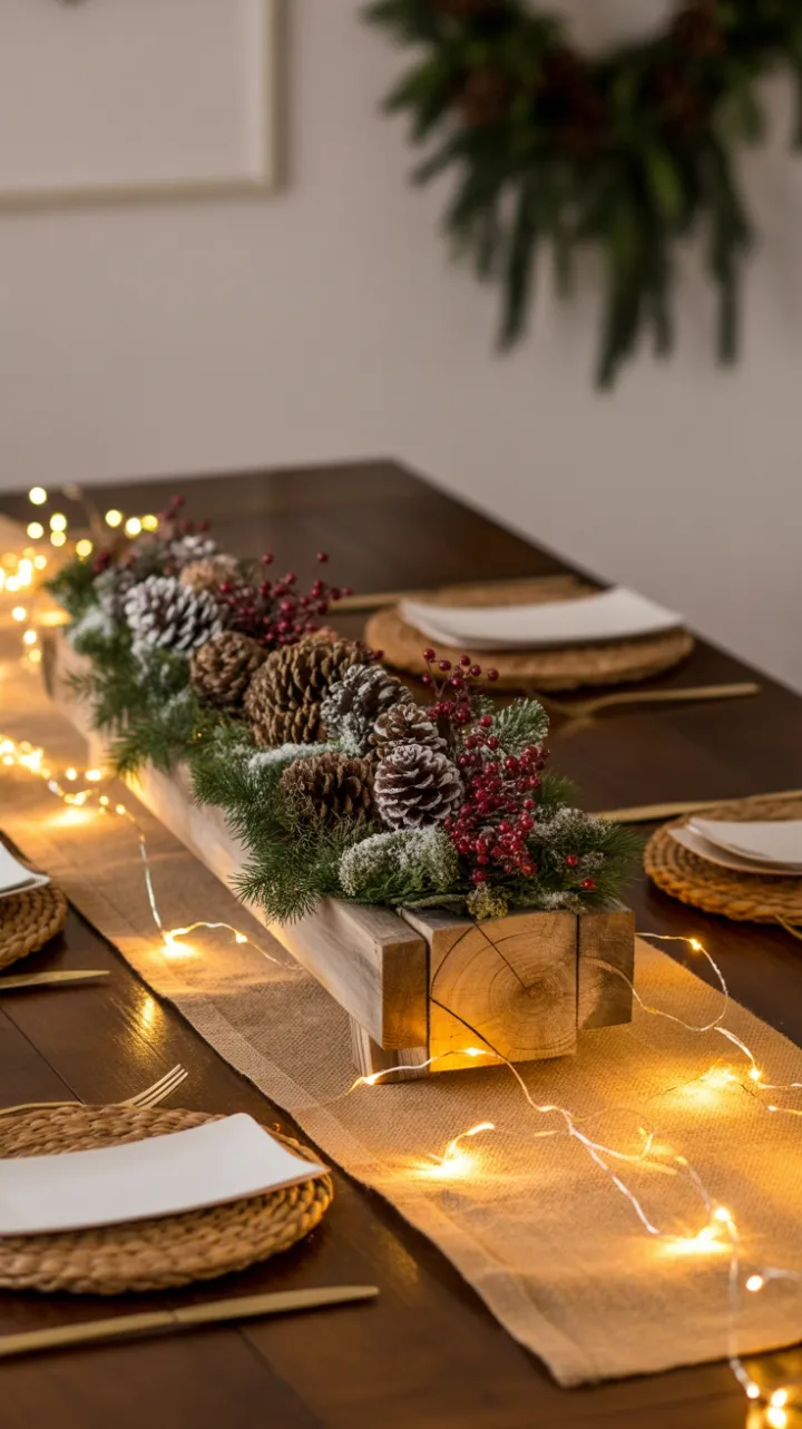 Twinkling Rustic Christmas Table with Pinecone and Berry Centerpiece