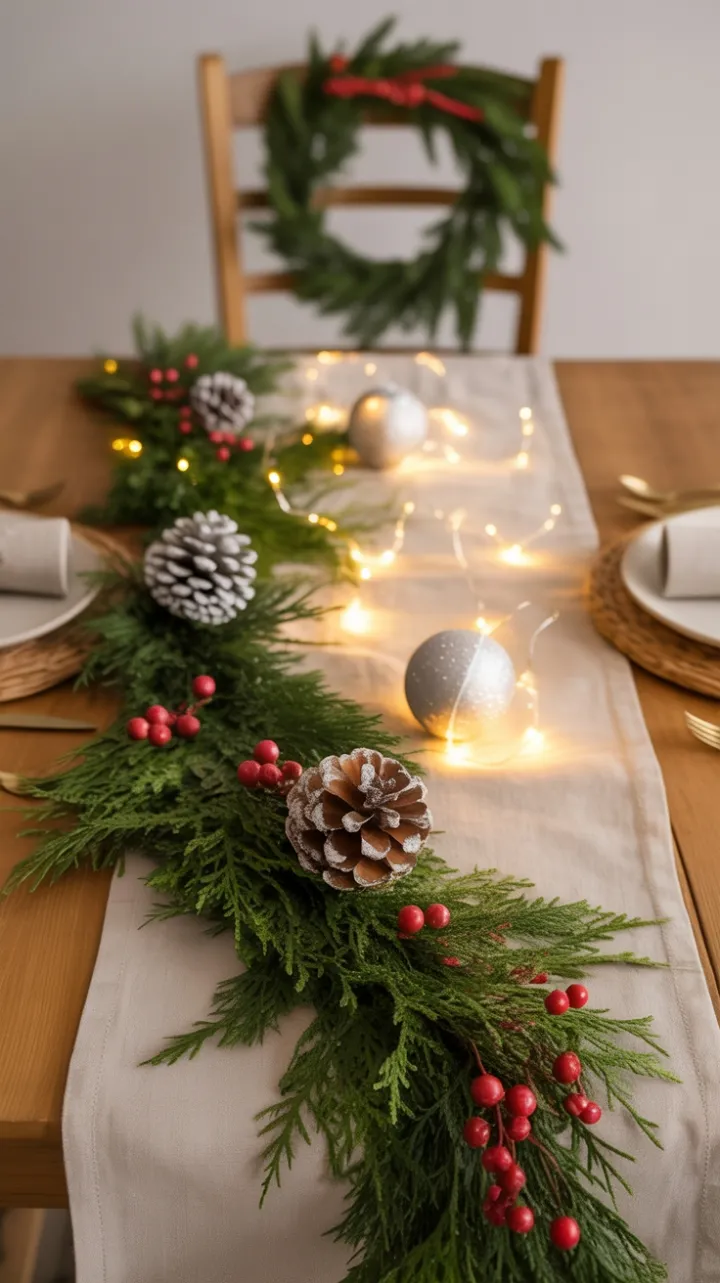 Cozy DIY Christmas Table Dressed in Evergreens, Frosted Pinecones, and Twinkling Lights