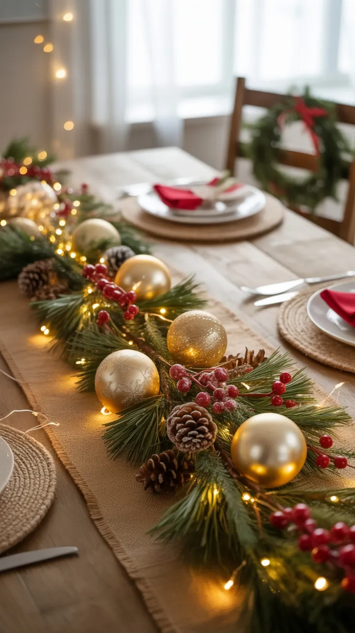 Warm Rustic Christmas Table Adorned with Lush Garland and Antique Gold Ornaments