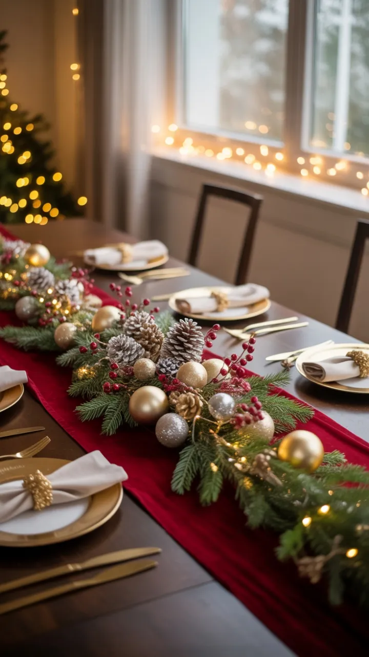 Velvet and Gold Holiday Table Bathed in Warm Christmas Light