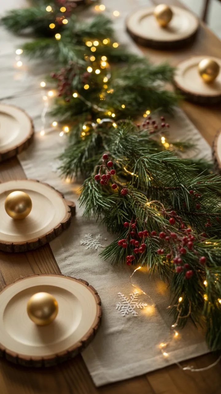 Warm rustic Christmas table draped in pine, lights and gold