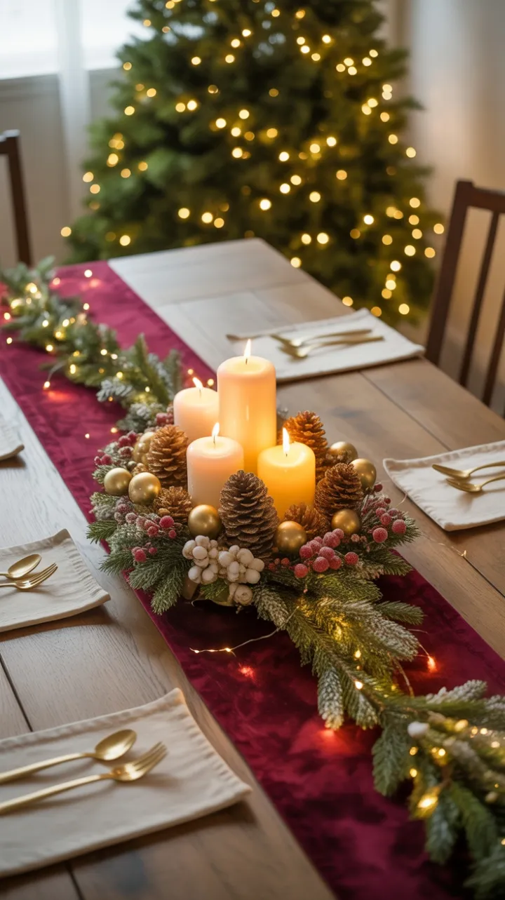 Cozy Burgundy and Gold Christmas Table Lit by Twinkling Lights