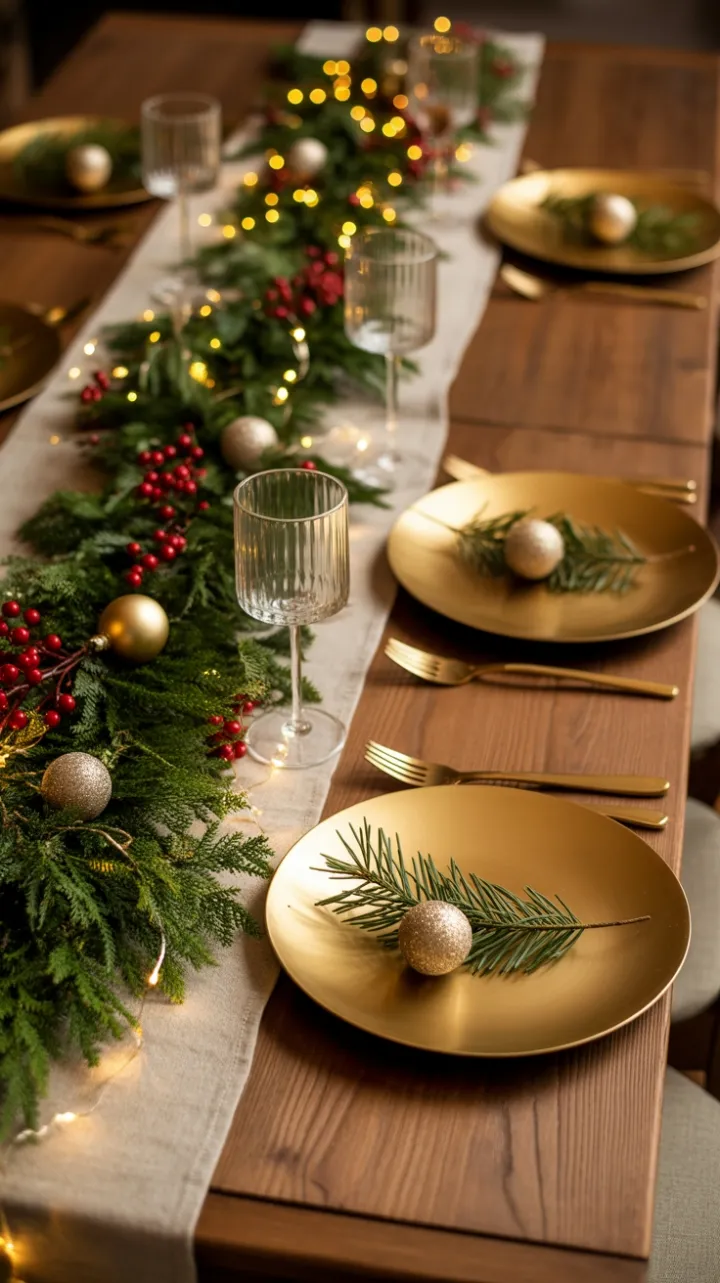 Twinkling Pine and Gold at a Cozy Christmas Table