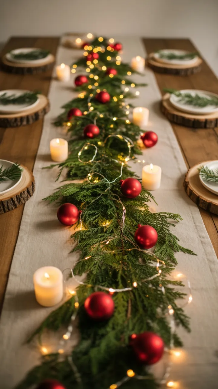 Cozy Candlelit Christmas Table Dressed in Handcrafted Garland and Rustic Charm