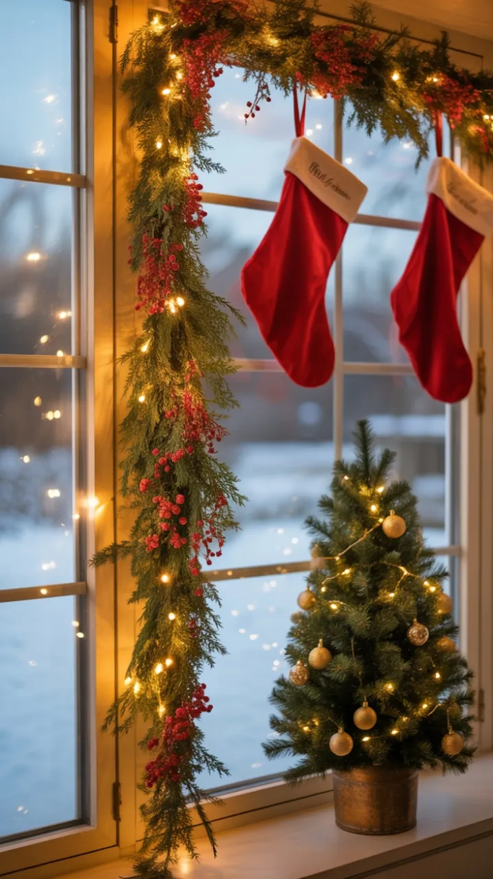 Dusk-Kissed Window Adorned with Garland, Lights, and Golden Christmas Charm