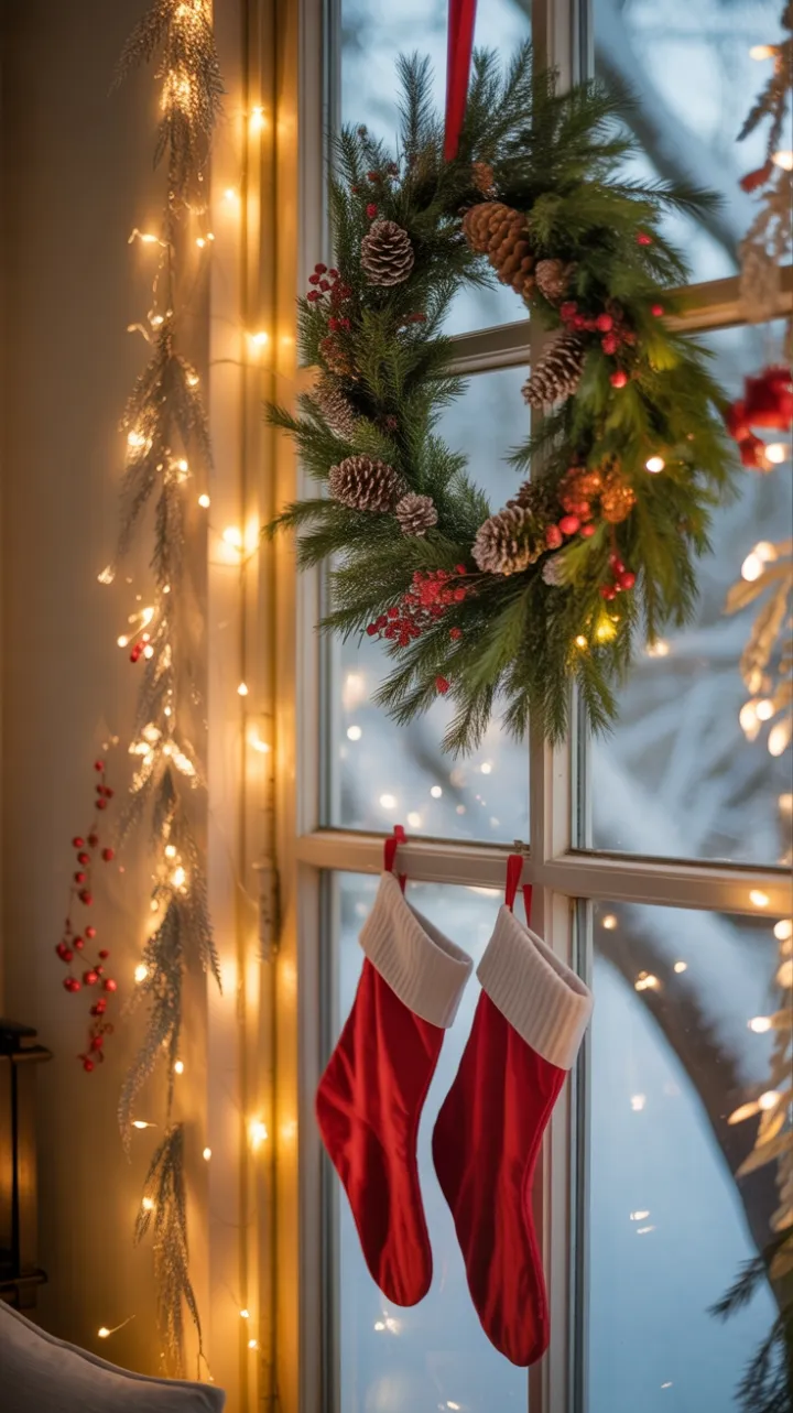 Twinkling Wreath and Cozy Stockings in a Snowlit Window