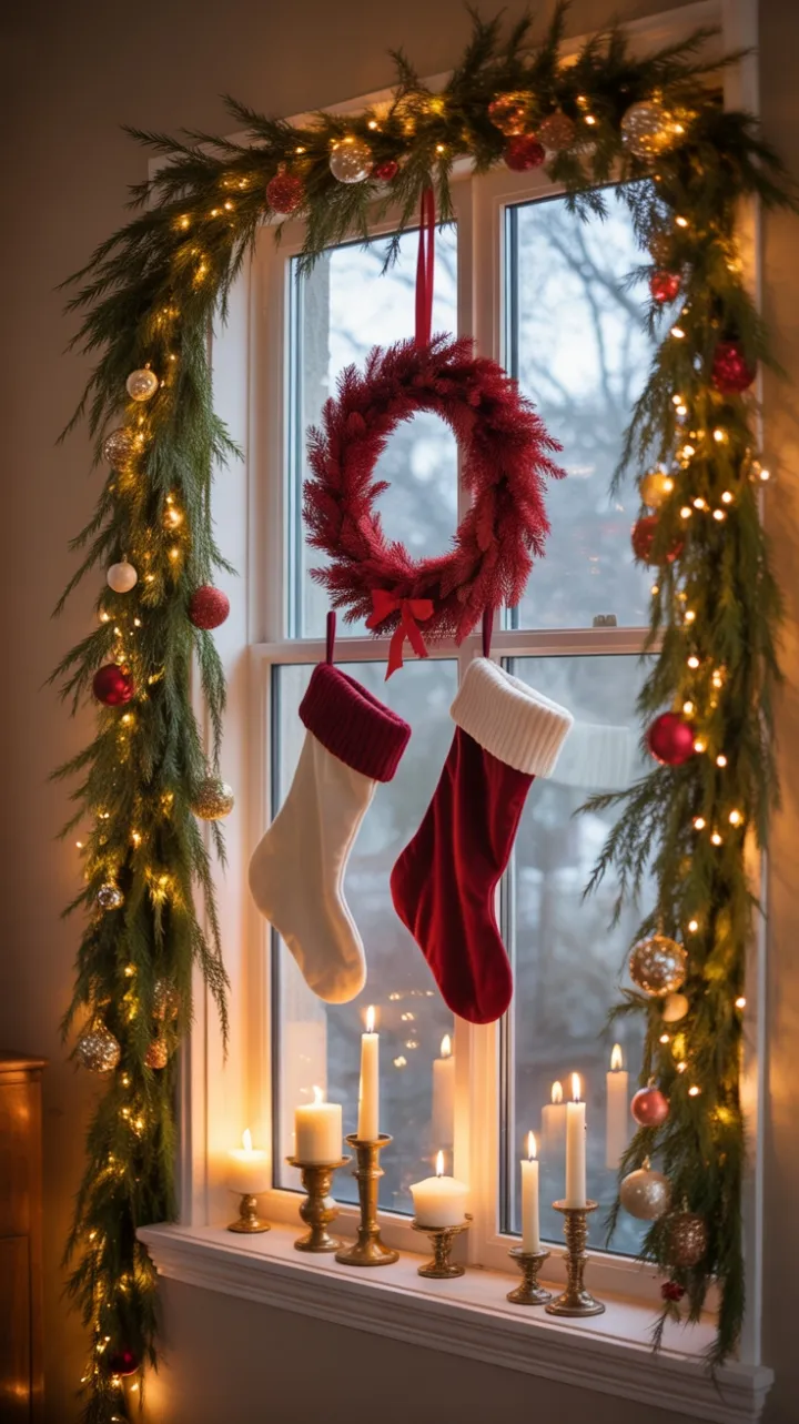 Twinkling Evergreens and Velvet Wreath Illuminate a Cozy Holiday Window