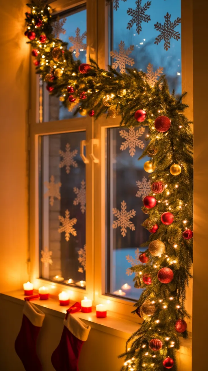 Twinkling Garland and Cozy Stockings in a Golden Winter Window