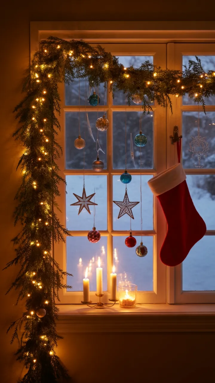 Candlelit Christmas Window Draped in Garland and Glass Ornaments
