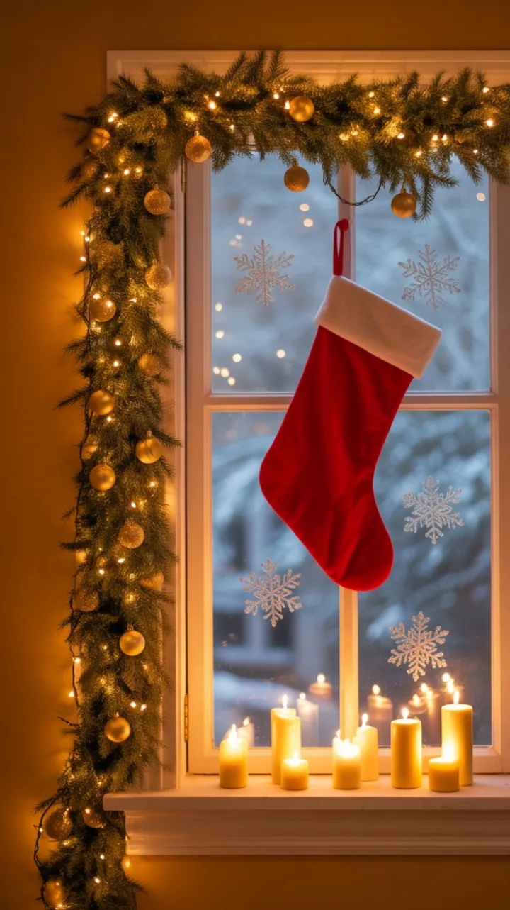 Candlelit Christmas Window Wrapped in Garland and Falling Snow