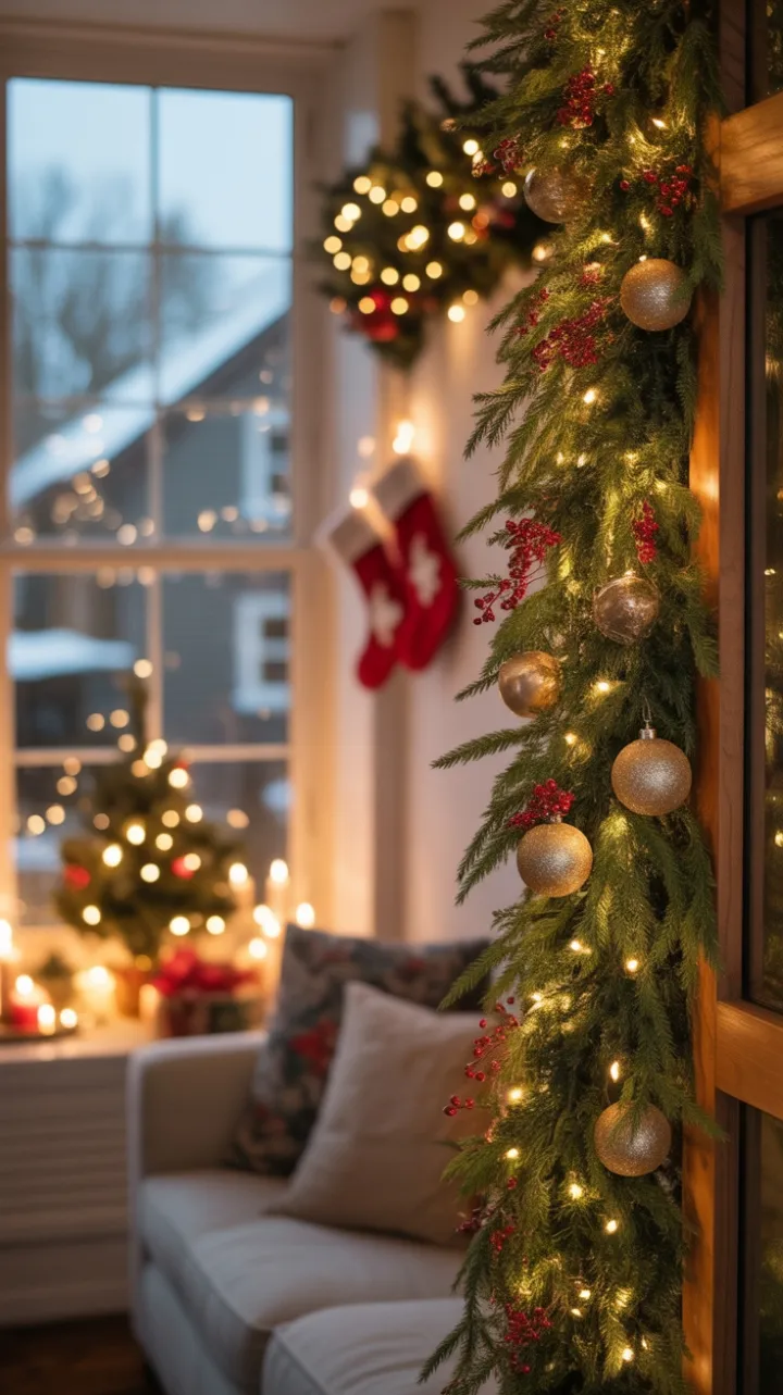 Candlelit Christmas Window Draped in Evergreen and Snow