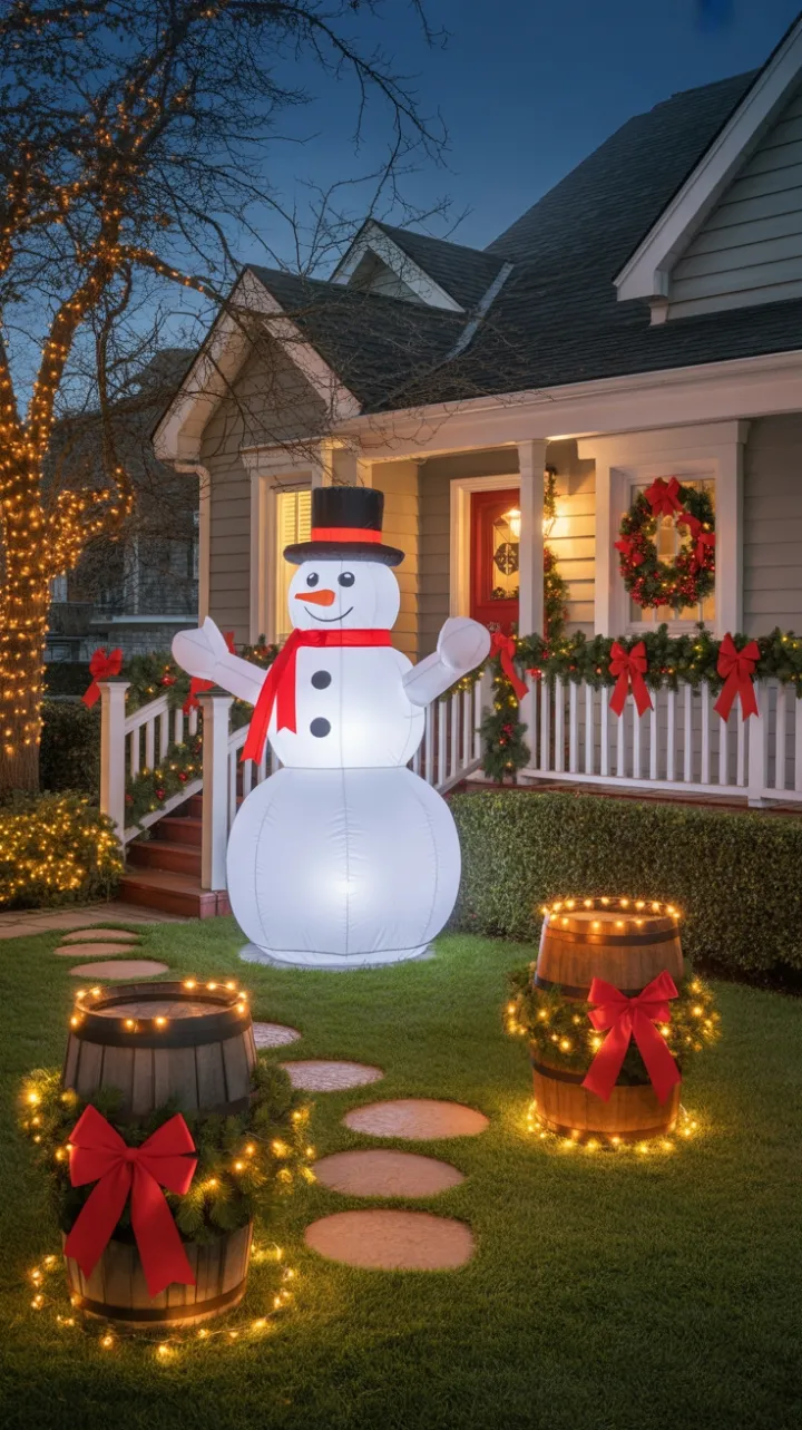 Jolly Snowman and Twinkling Barrel Pathway Light Up a Cozy Christmas Home
