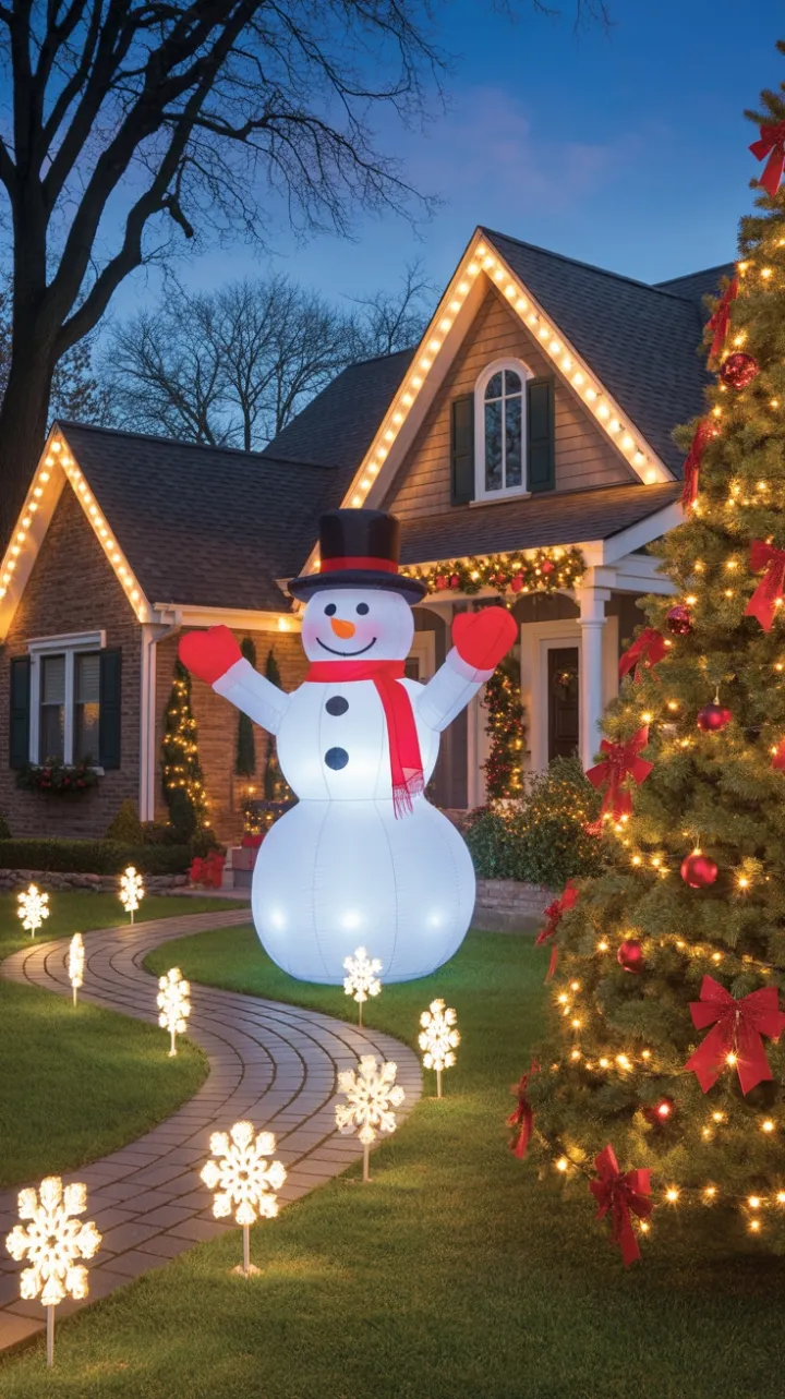 Snowman Sentinel Illuminates a Cozy Twilight Holiday Home