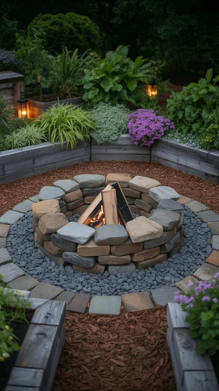 Lantern-Lit Stone Hearth in a Lush Backyard Oasis