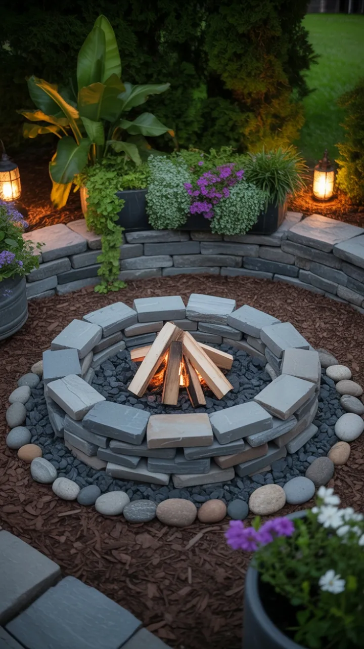 Lantern-Lit Stone Fire Pit Surrounded by Lush Planters and River Rocks