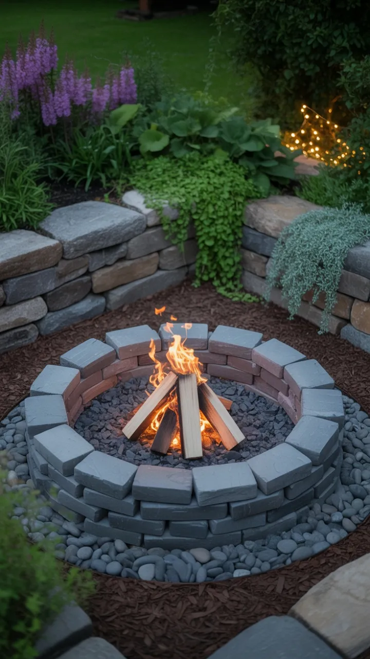Cozy Stone Fire Pit Garden at Dusk