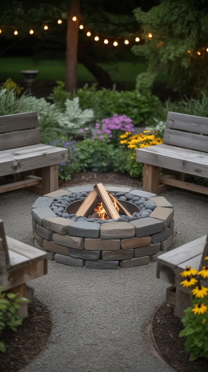 Cozy Rustic Fire Pit Retreat with Reclaimed Timber Benches