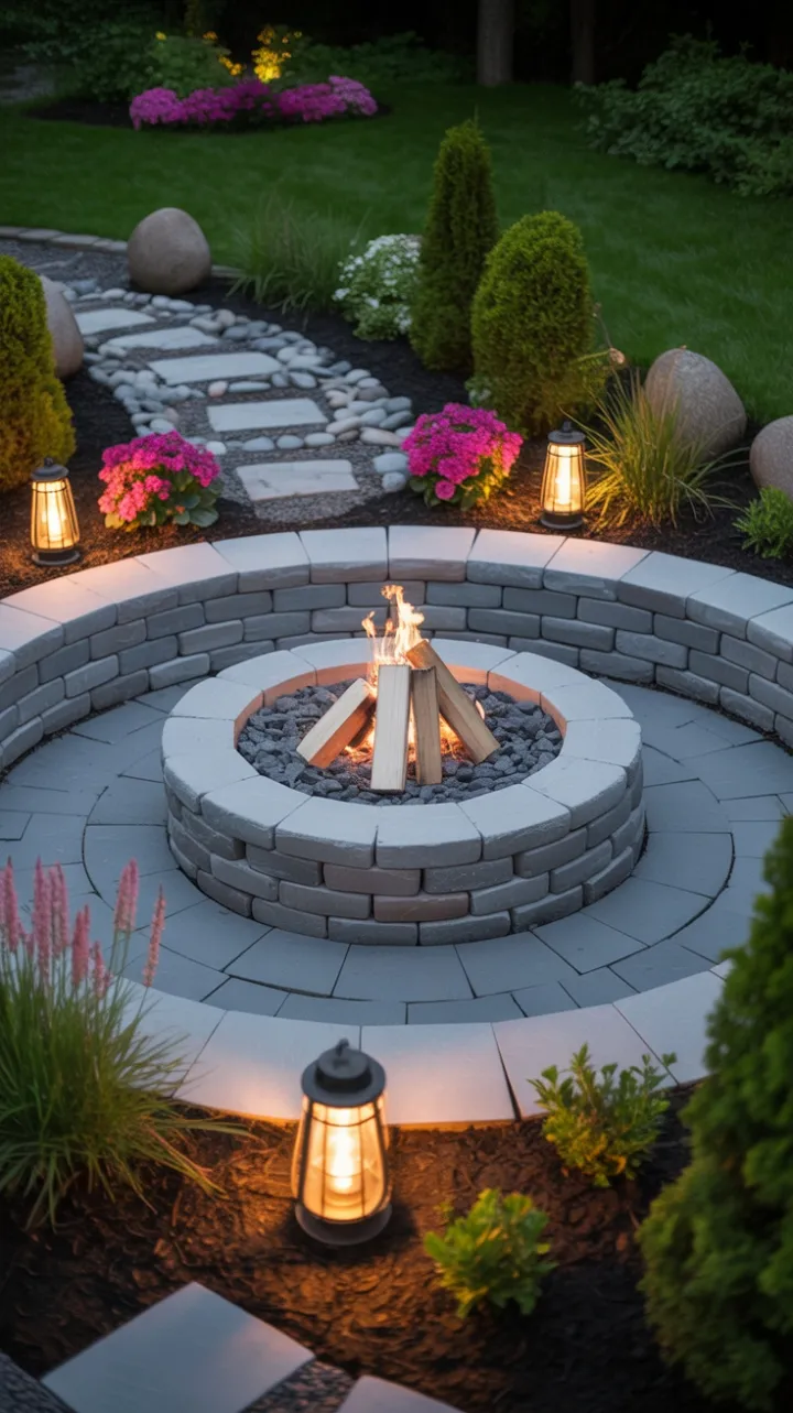 Lush Backyard Fire Pit Oasis Bathed in Lantern Light