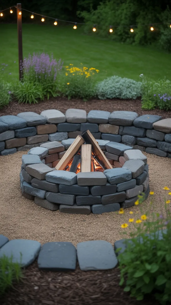 Enchanted Backyard Fire Pit with Stone Seating and Blooming Wildflowers