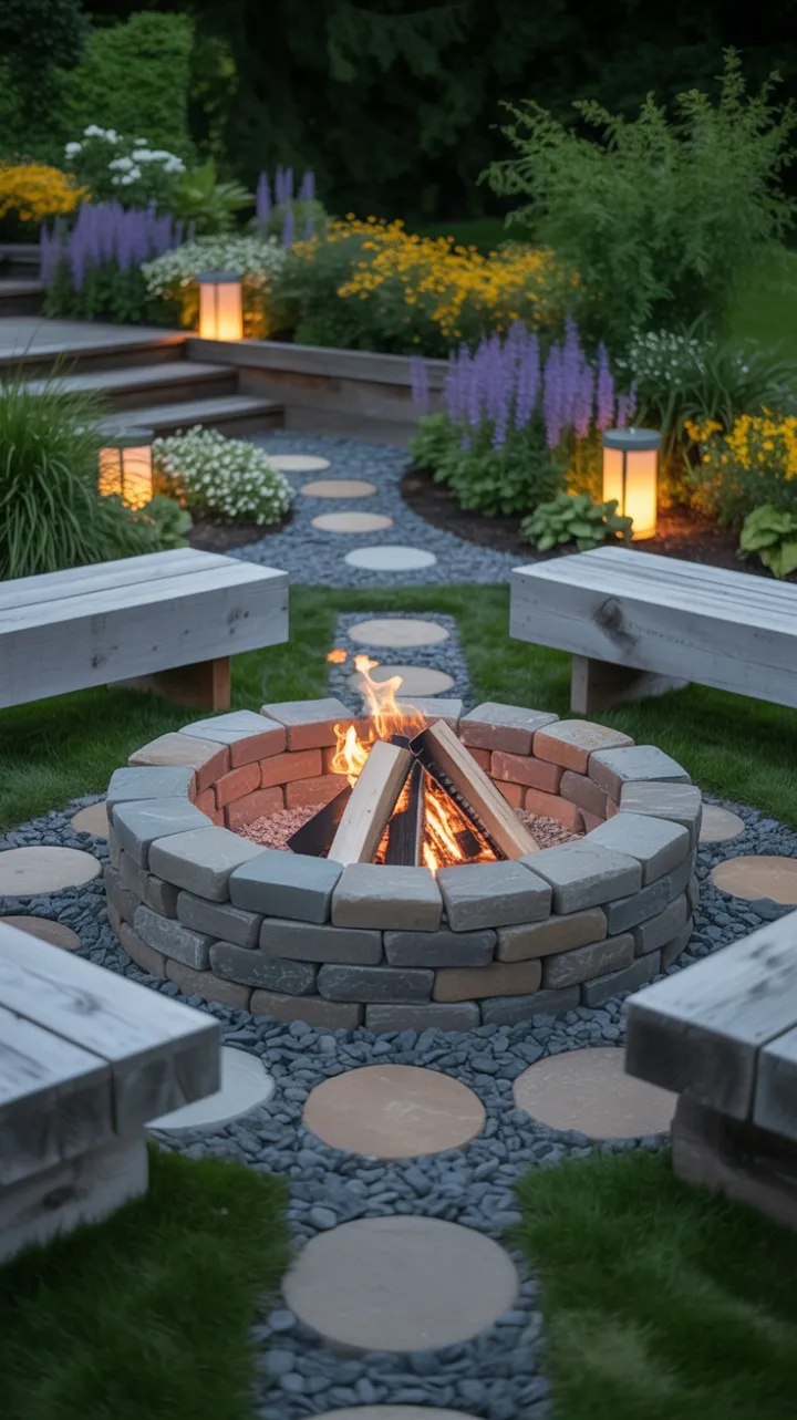 Sunlit Stone Fire Pit in a Tranquil Garden Oasis