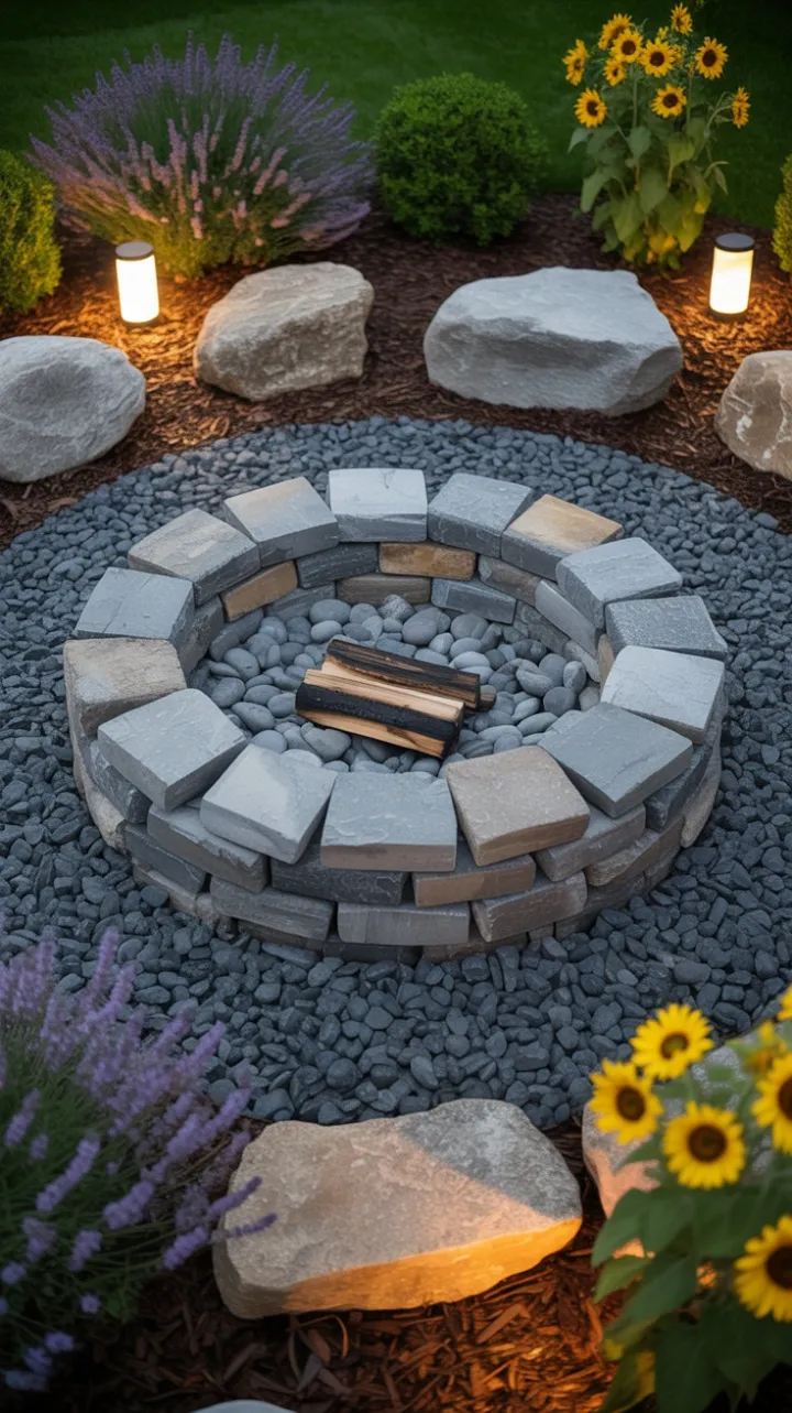 Cozy Stone Fire Pit Retreat Among Lavender and Sunflowers