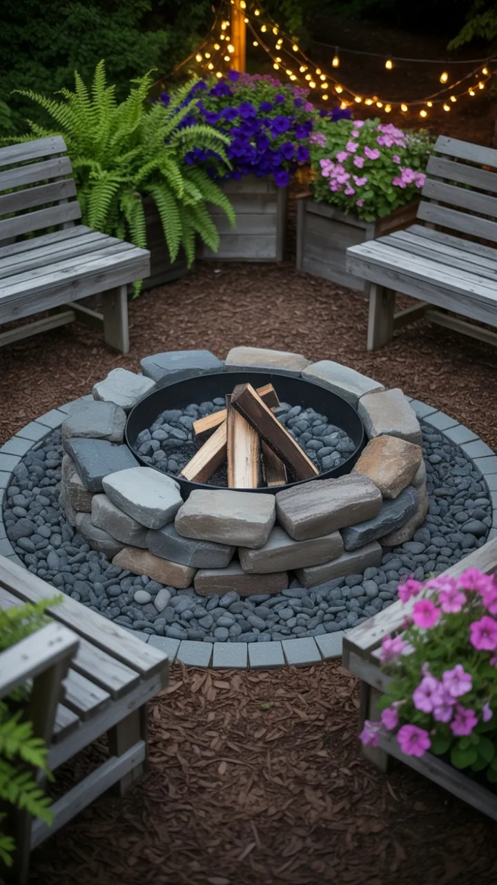 Golden Hour Gathering Around a Rustic Fieldstone Fire Pit