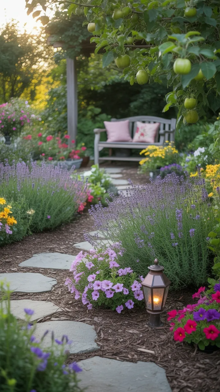 Lavender-Lined Path to a Rustic Bench in a Sunlit Cottage Garden