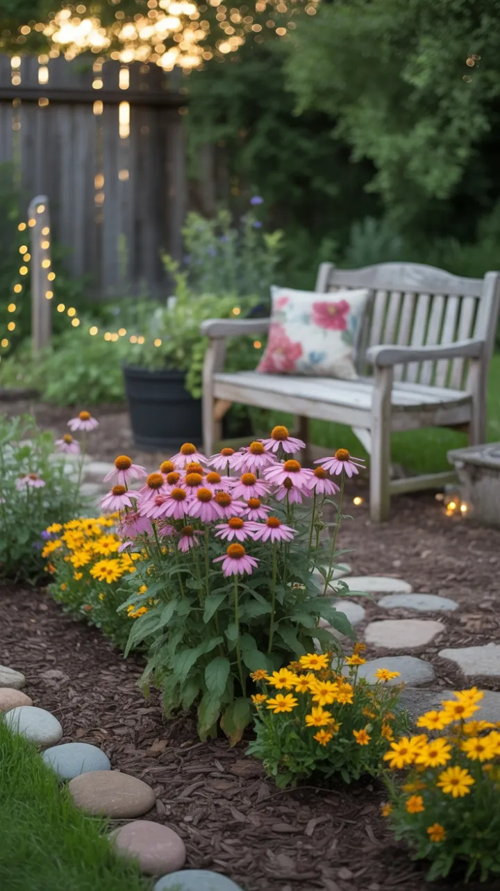 Sunlit DIY Garden Retreat with Coneflowers Marigolds and Twinkling Lights