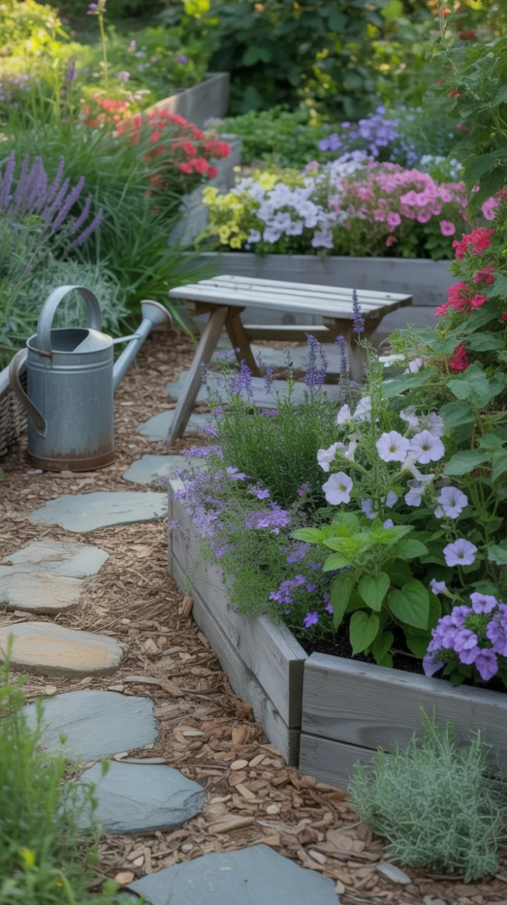 Sunlit Tiered Garden Pathway Brimming with Color and Rustic Charm