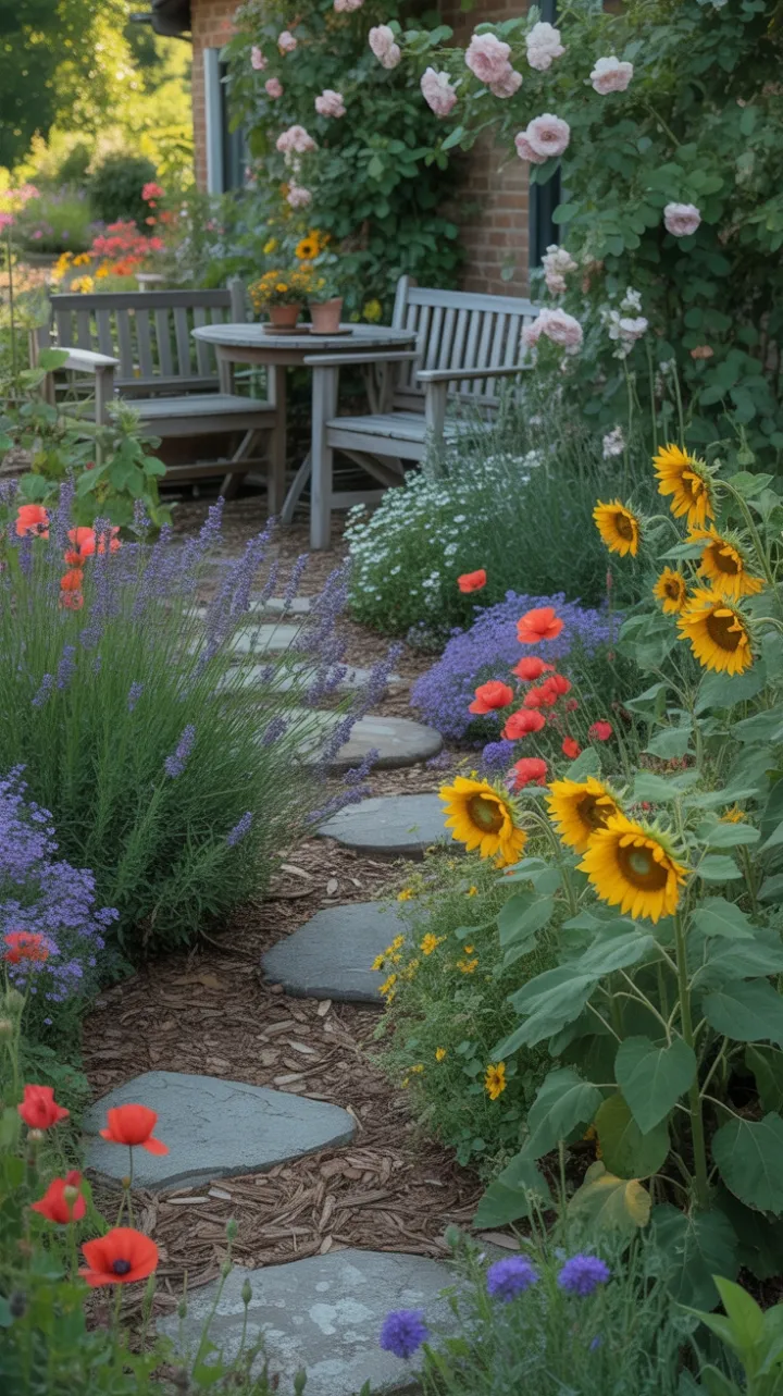 Golden Afternoon in a Cottage Garden of Lavender Poppies and Sunflowers