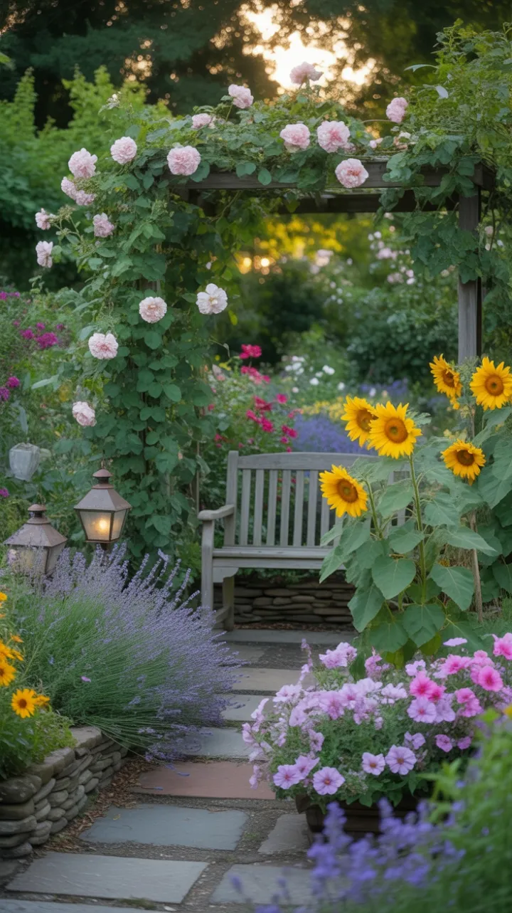 Sunlit Cottage Pathway Among Lavender, Climbing Roses and Sunflower Glow