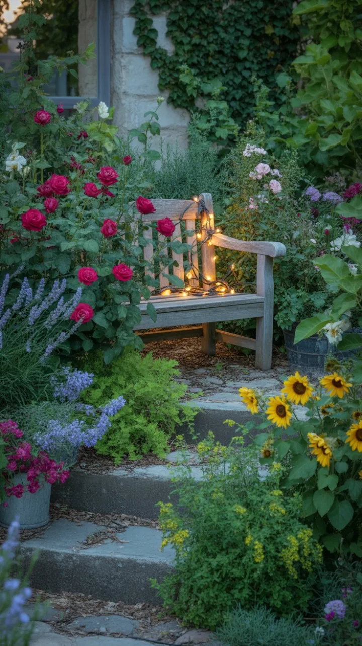 Bench in a Sunlit Cascade of Roses, Lavender and Sunflowers