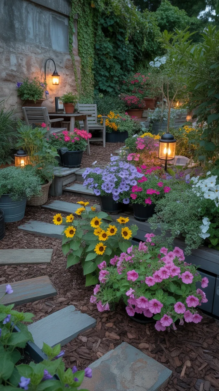 Lantern-Lit DIY Tiered Garden Path Through Sunflowers, Petunias and Ivy