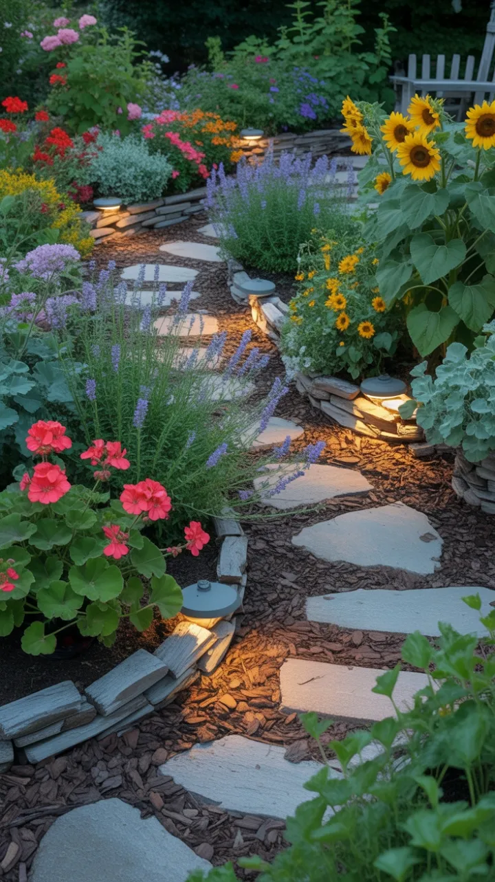 Rustic Golden Garden Pathway Lined with Geraniums Lavender and Sunflowers