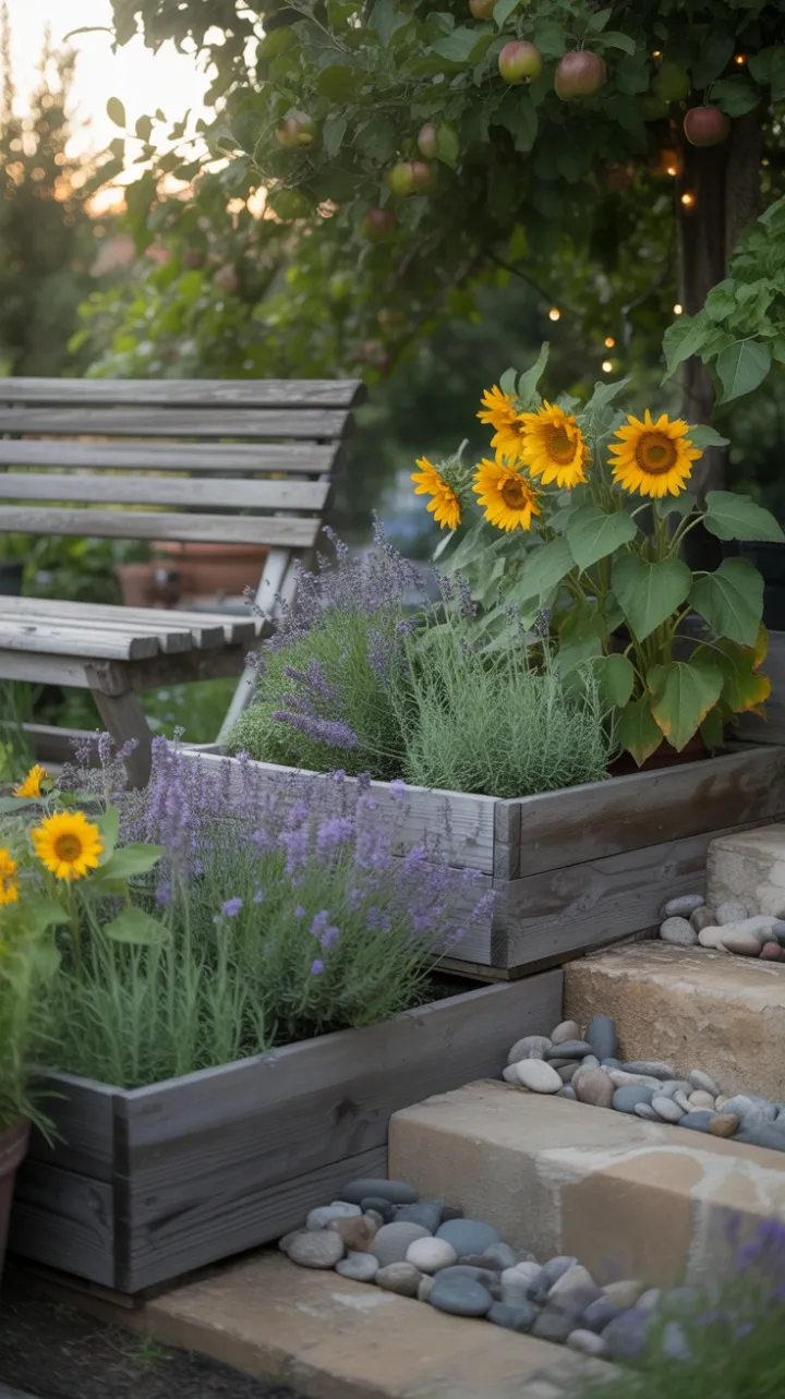 Tiered Cottage Garden of Lavender, Sunflowers, and Fairy Lights