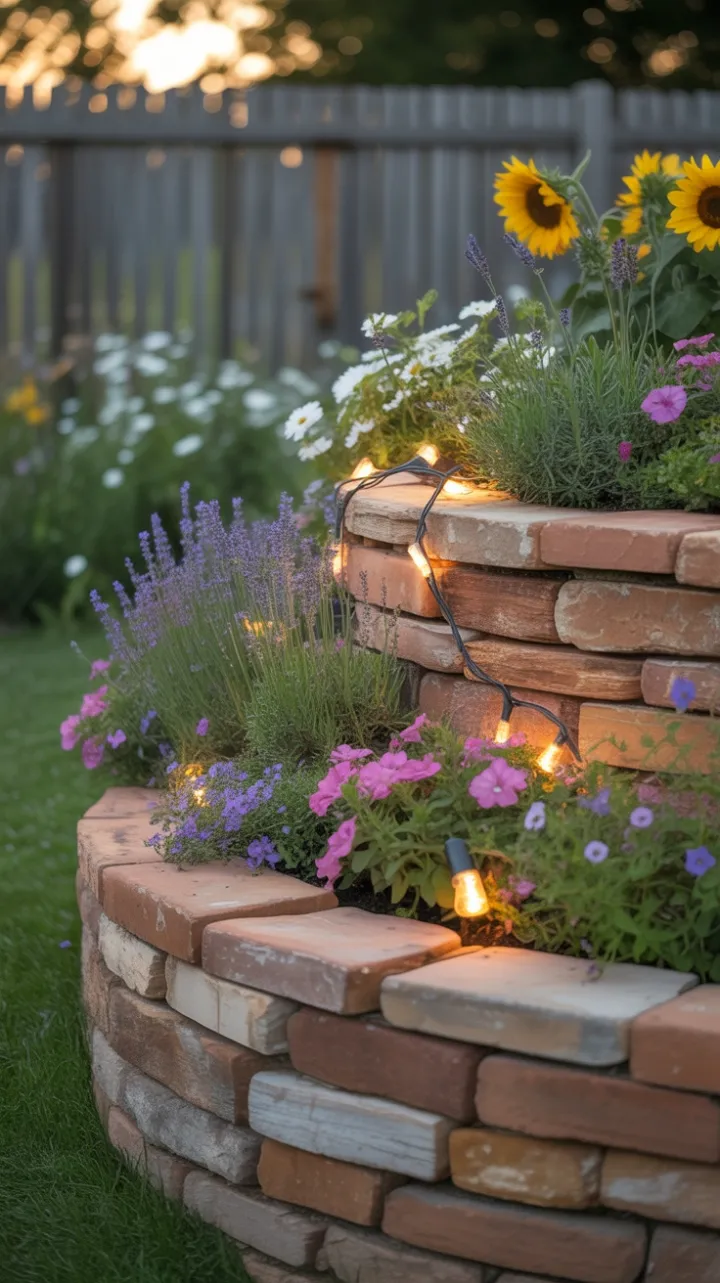 Terracotta Tiers of Bloom with Lavender Sunflowers and Fairy Light Glow