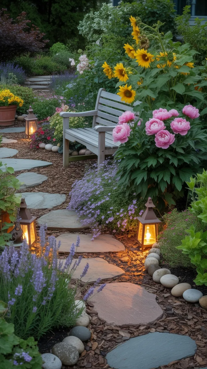 Lantern-Lit Cottage Garden Path to a Secret Bench