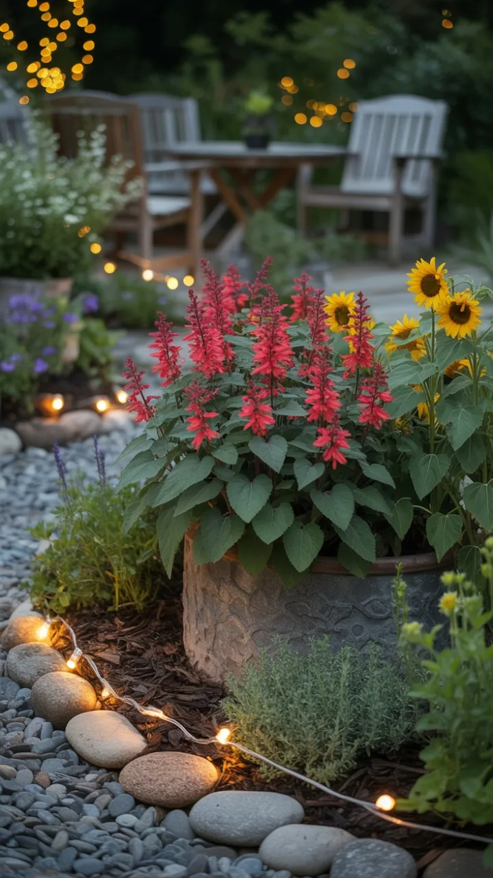 Sunlit Serenity with Sunflowers and Red Salvia in a Rustic Stone Planter