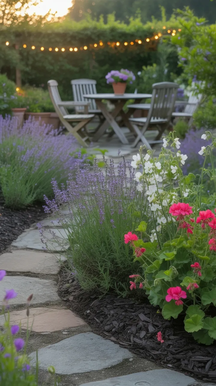 Golden-Hour Cottage Garden Winding with Lavender, Geraniums and Twinkling Lights
