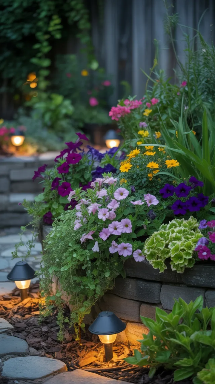 Cascading Blooms and Warm Light in a Tiered Garden