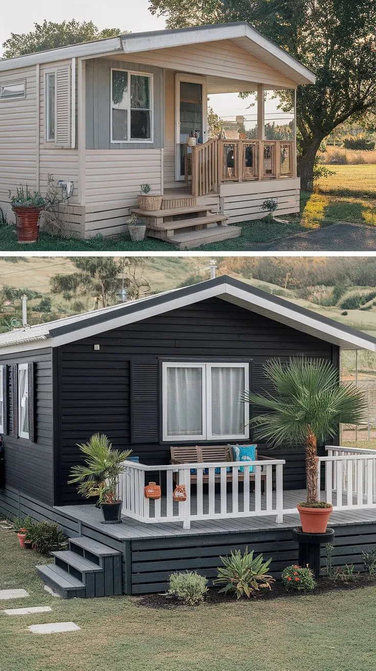 This mobile home exterior remodel is a masterpiece!  See how we transformed a tired beige double-wide into a sleek black prefab home.  The addition of a large double-wide porch, complete with a swing and lush landscaping, elevates this modular home with front porch to a whole new level.  Explore the possibilities of manufactured home outdoor ideas and doublewide porch patio ideas with this inspiring before-and-after of a double wide trailer interior remodel (interior not shown).  The result is a beautiful mobile home interior design (though not pictured) and a stunning mobile home exterior front porch.