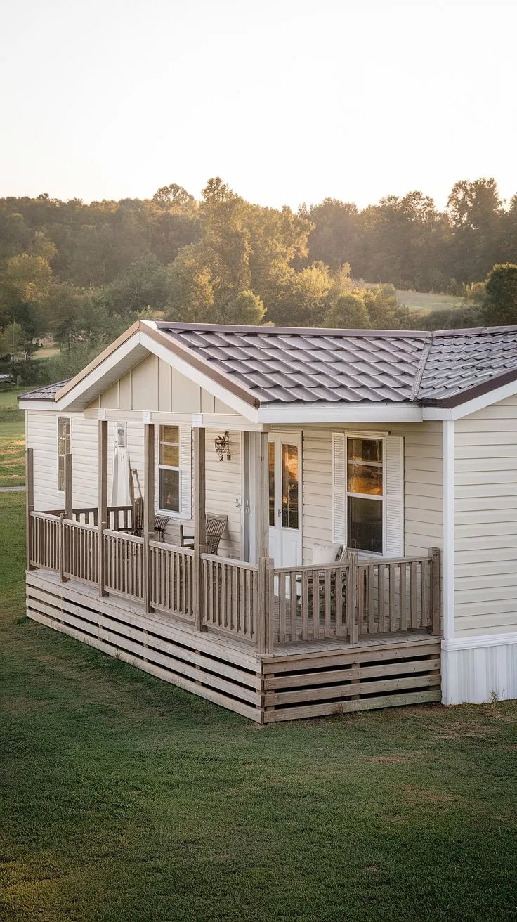 This stunning before-and-after modular home showcases the transformative power of a mobile home exterior remodel.  The addition of a spacious double wide porch, complete with charming patio ideas, elevates this double wide trailer into a cozy retreat.  Imagine relaxing on this inviting mobile home exterior front porch, a perfect example of manufactured home outdoor ideas, while dreaming of the beautiful mobile home interior design within.  The black prefab homes aesthetic is subtly incorporated, creating a sophisticated contrast.  This double wide porch is a testament to how a simple addition can dramatically improve a home's curb appeal.