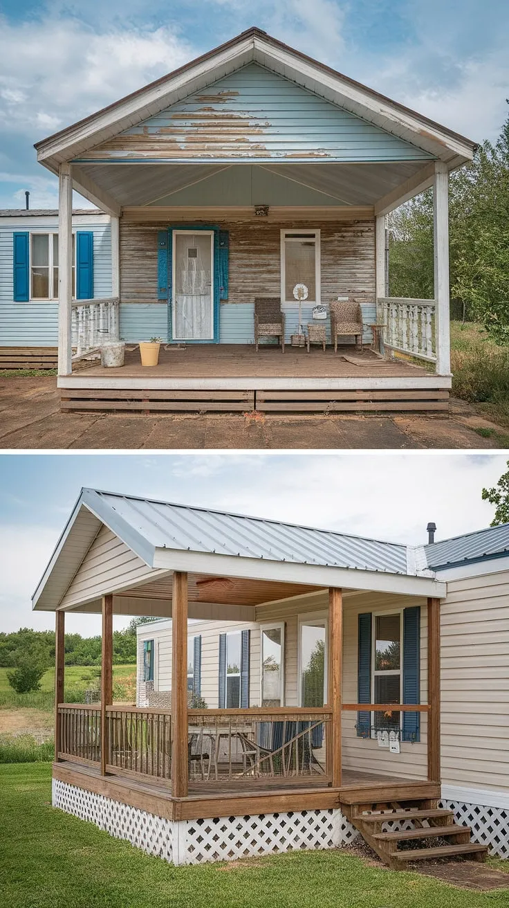 From peeling paint and worn furniture to a stunning oasis: This mobile home exterior remodel transformed a double-wide porch into a welcoming retreat.  The before and after modular home showcases the power of renovation, proving that even black prefab homes can achieve beautiful mobile home interior design.  This manufactured home outdoor ideas project highlights the potential of a double-wide trailer interior remodel, with a focus on the mobile home exterior front porch and doublewide porch patio ideas.