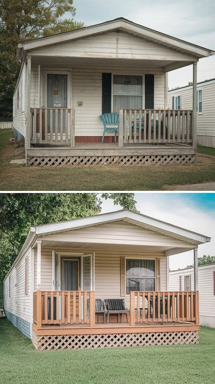 From drab to fab! This before-and-after showcases a stunning mobile home exterior remodel, transforming a worn double-wide porch into a welcoming oasis.  The black prefab homes aesthetic is enhanced by the fresh paint and new railing, proving that beautiful mobile home interior design extends to the outdoors.  This modular home with front porch now boasts impressive manufactured home outdoor ideas, including doublewide porch patio ideas that perfectly complement the double wide trailer interior remodel (though not shown here).